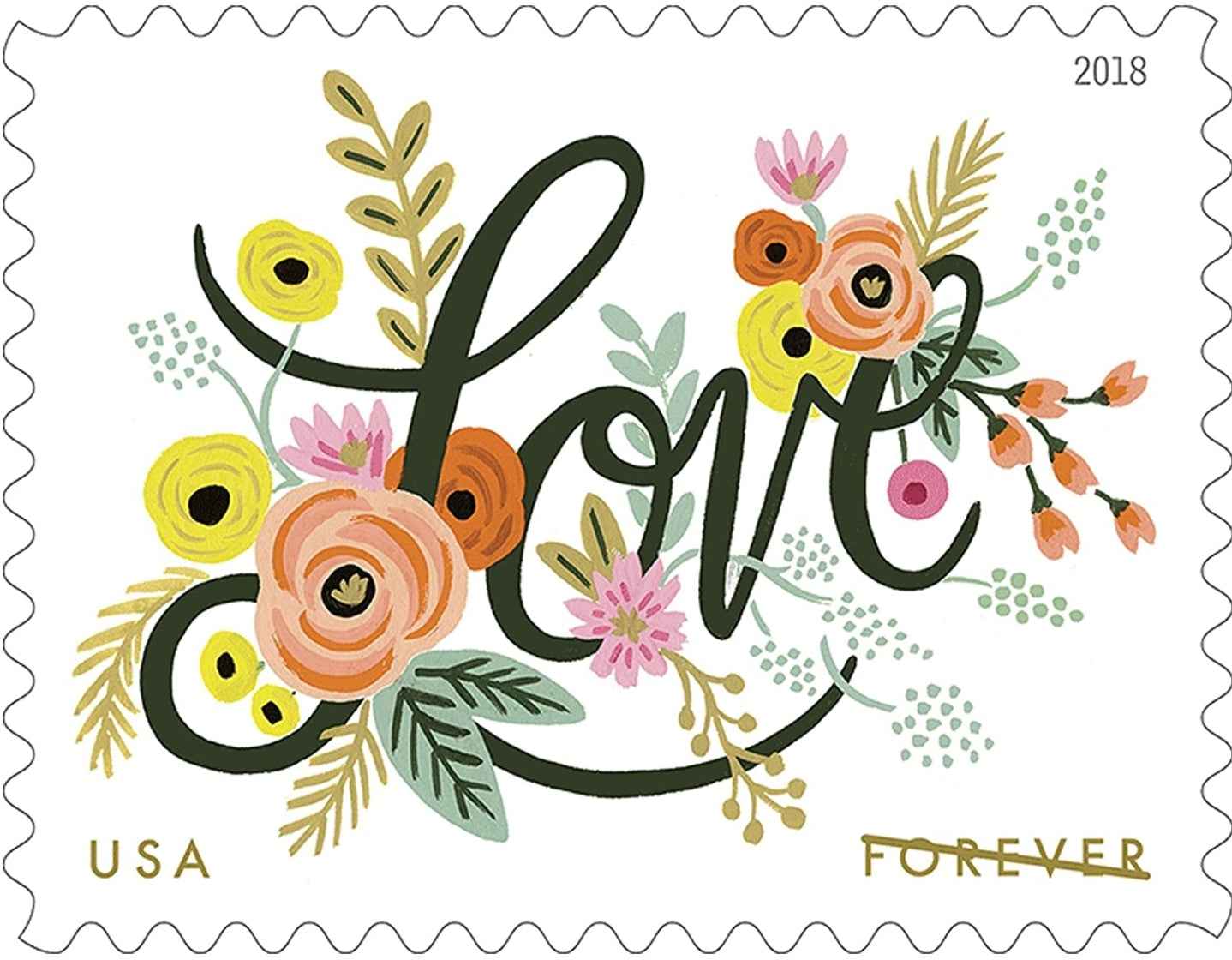 2018 Love Flourishes USA Forever stamp sheet with colorful floral garden and cursive Love design