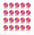2019 Hearts Blossom USA Forever Stamp sheet with colorful hearts and cursive Love design