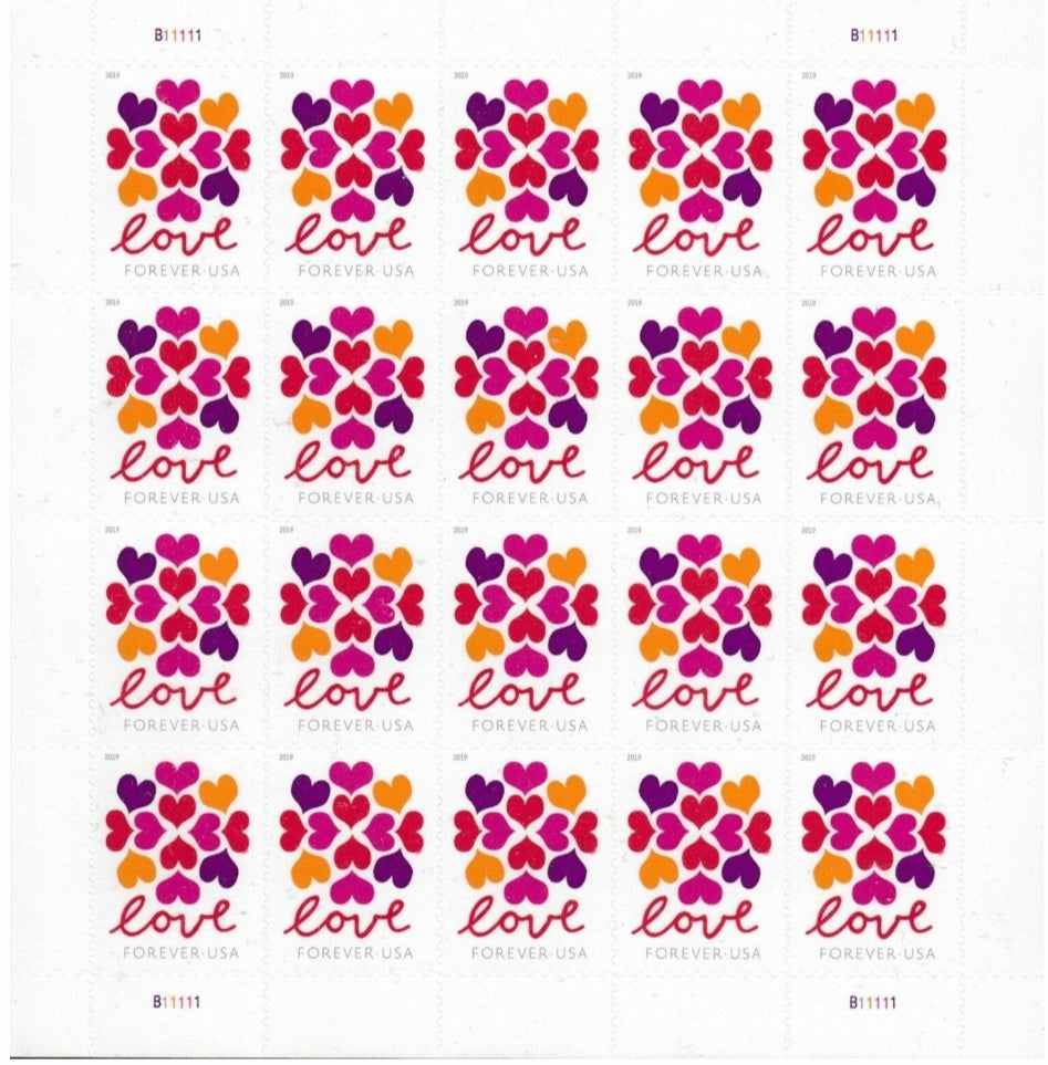 2019 Hearts Blossom USA Forever Stamp sheet with colorful hearts and cursive Love design