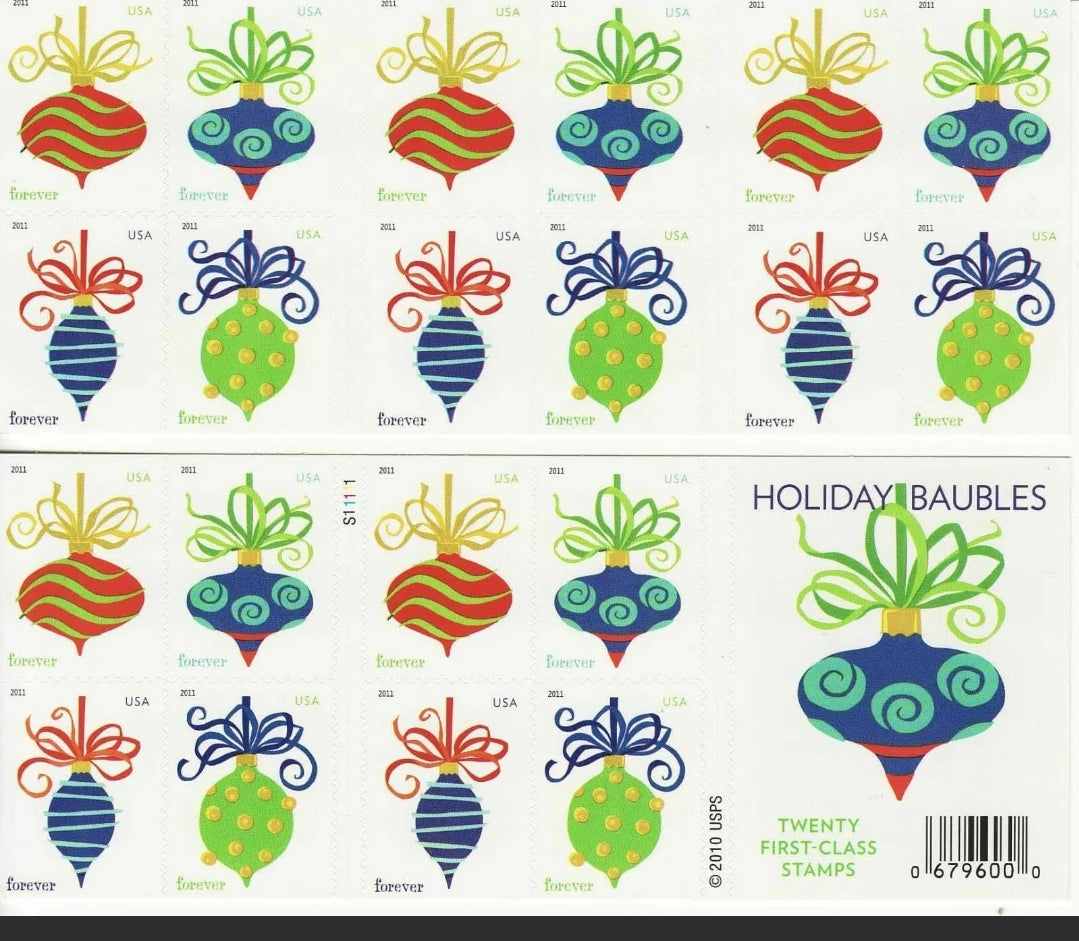 USPS Holiday Baubles booklet of 20 Forever Stamps with festive bauble designs