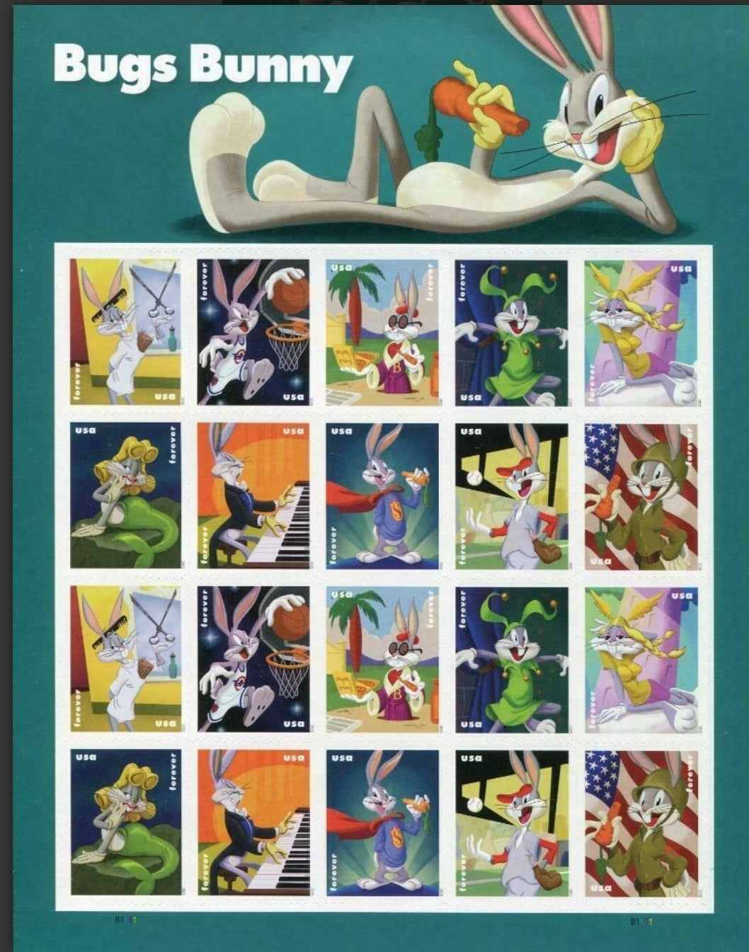 USA Bugs Bunny Forever first class stamps sheet with 20 stamps