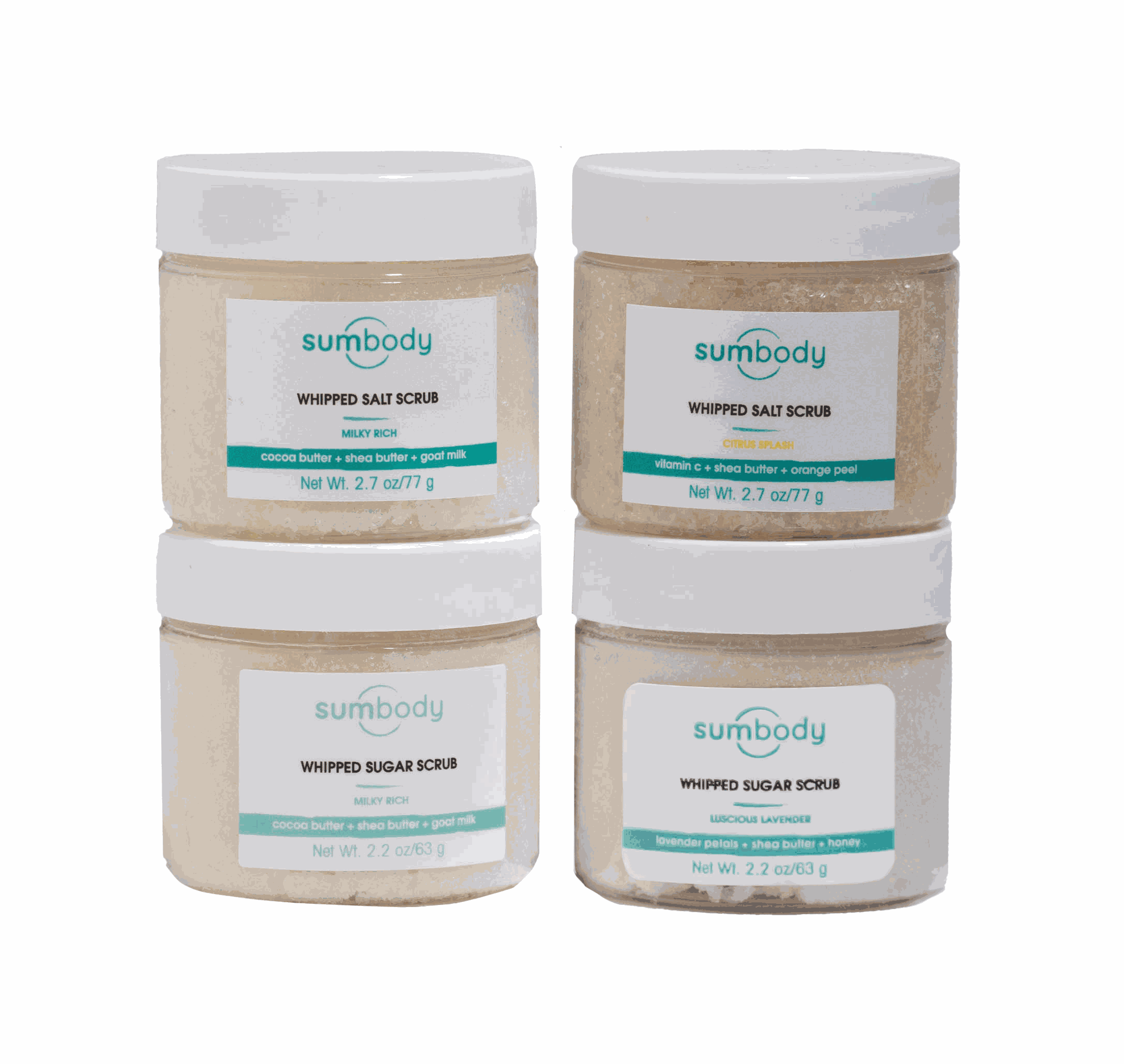 Scrub Quartet mini whipped salt and sugar body scrubs set for exfoliating and moisturizing skin