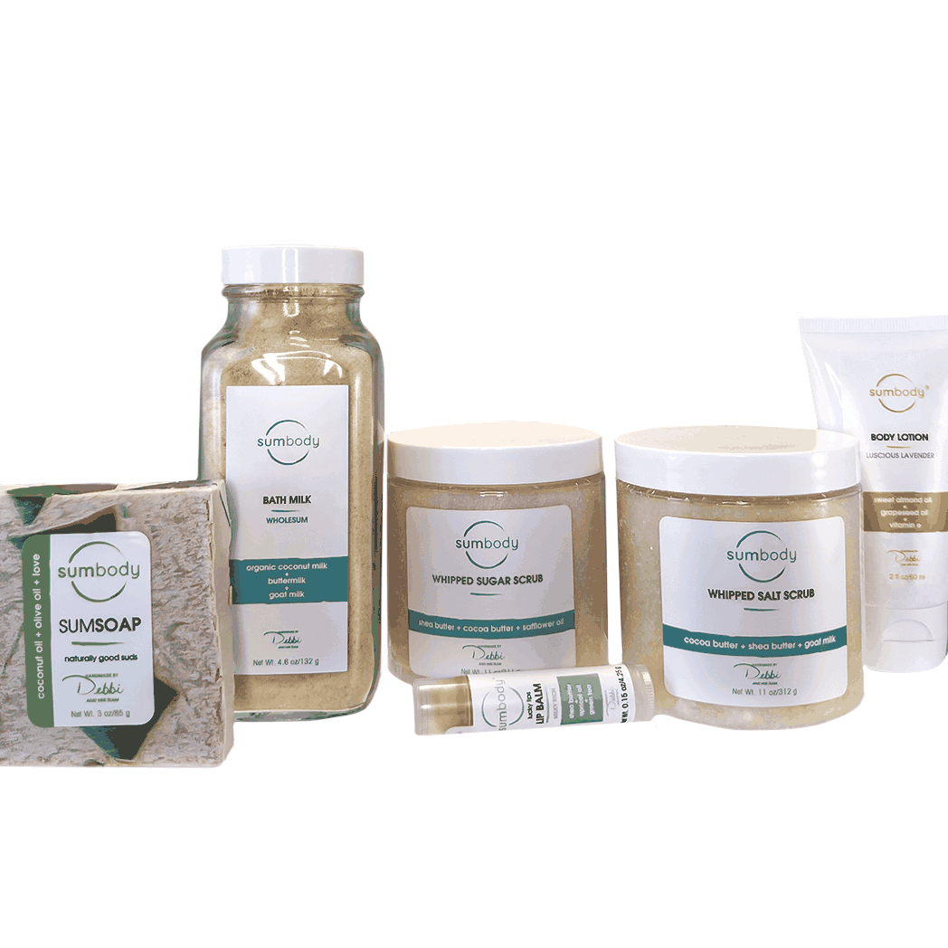 Ultimate Indulgence full-size skincare set with whipped scrubs, bath milk, lotion, soap, and lip balm for luxurious self-care