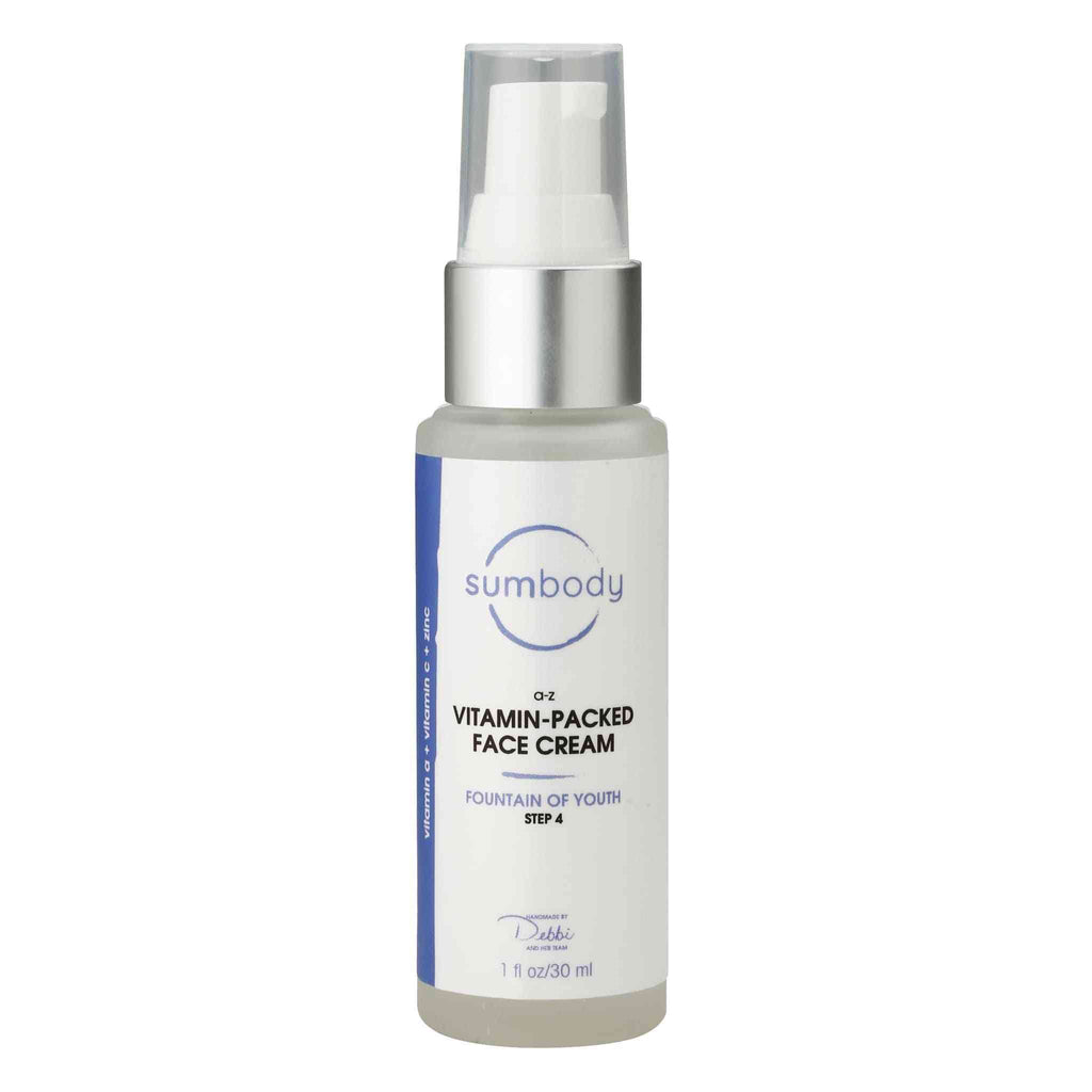 Jar of A-Z vitamin-packed face cream with hydrating and anti-aging ingredients