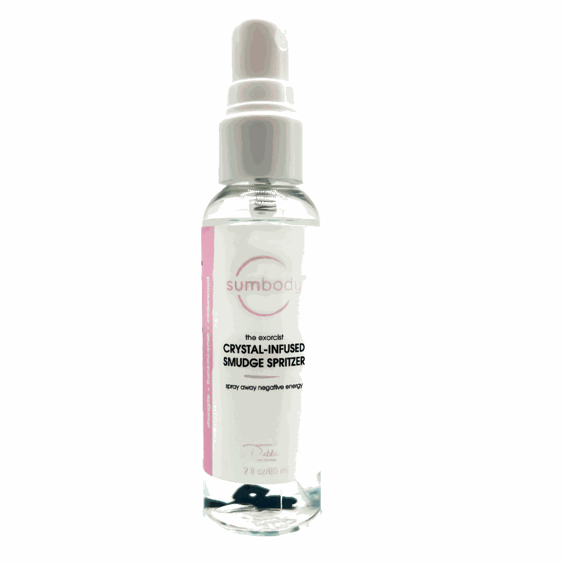 The Exorcist Crystal-Infused Smudge Spritzer bottle with natural crystals and botanical mist for cleansing and positivity