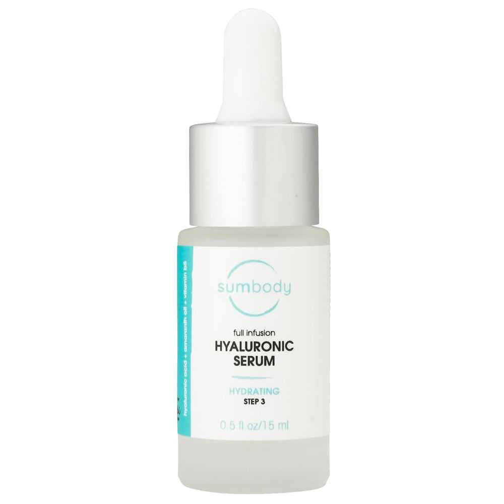 Full Infusion Hyaluronic Serum bottle with clear liquid for skin hydration and anti-aging benefits
