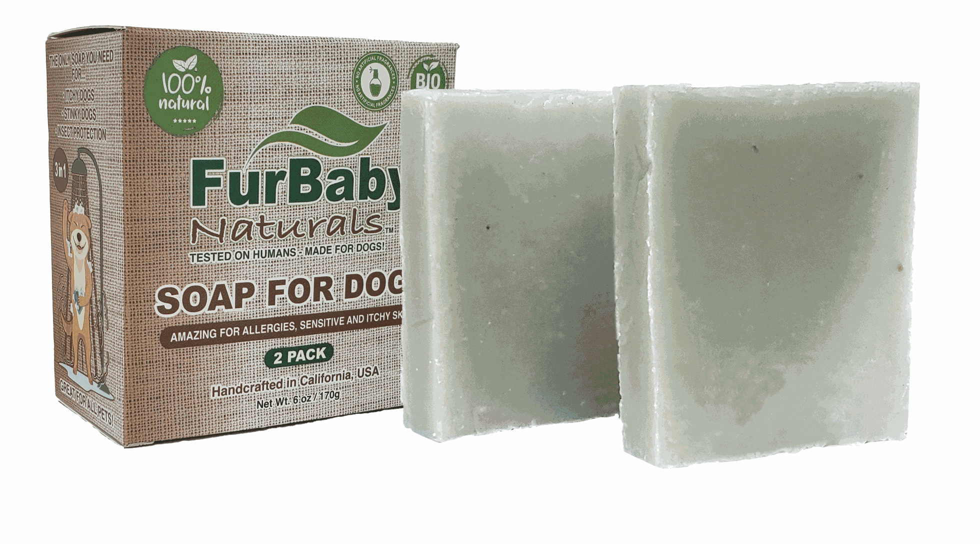 Two 3oz bars of Furbaby Naturals dog soap with pet safe ingredients and light scent