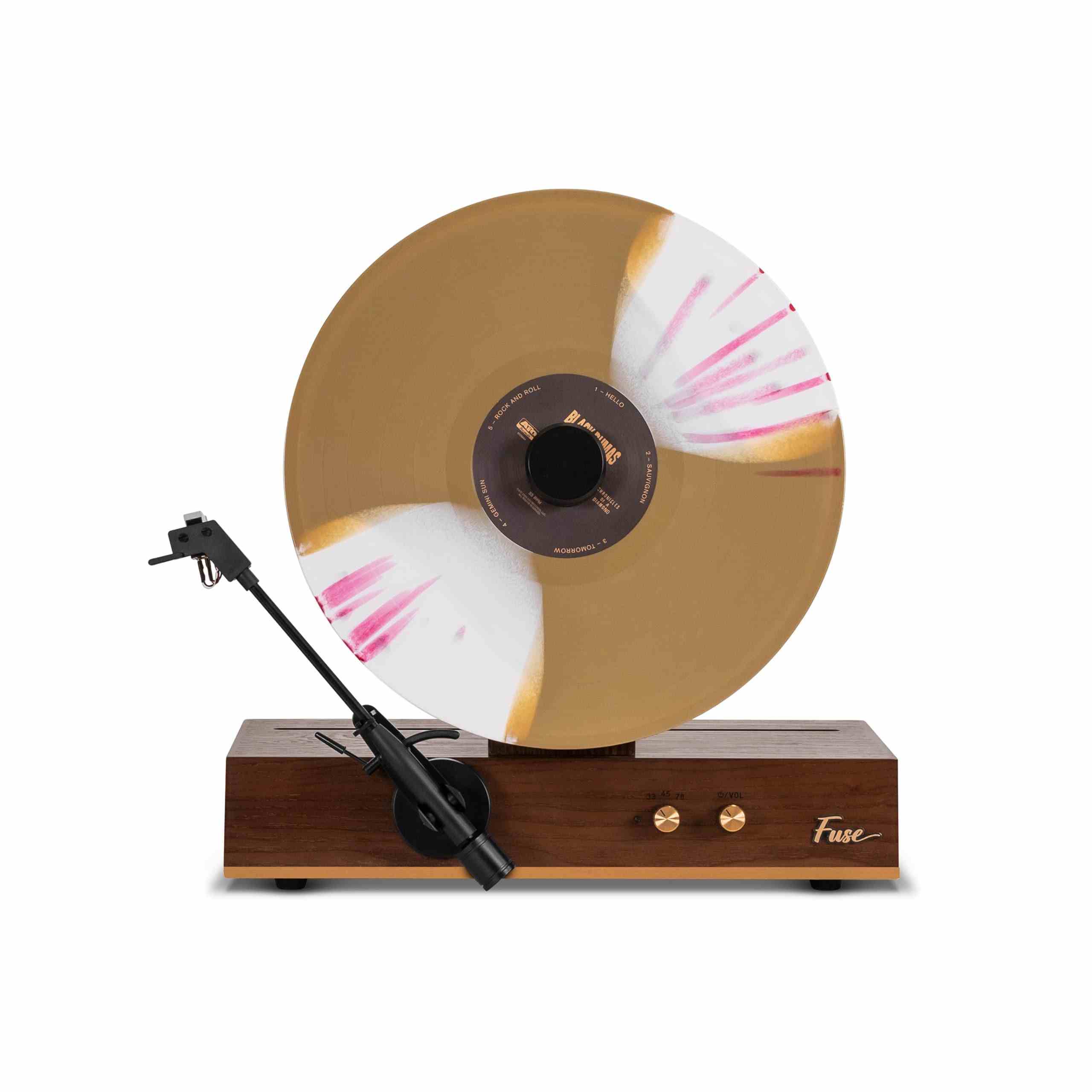 Fuse Audio GLD vertical vinyl record player with ashtree wood veneer and Bluetooth 5.3 connectivity