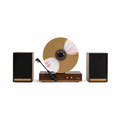 Fuse Audio GLD vertical vinyl record player with wooden veneer and Bluetooth speakers