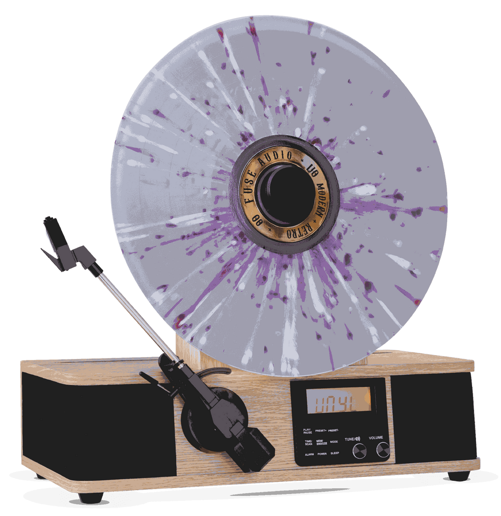 Fuse Wrap vertical vinyl record player with fabric wrap and Bluetooth connectivity