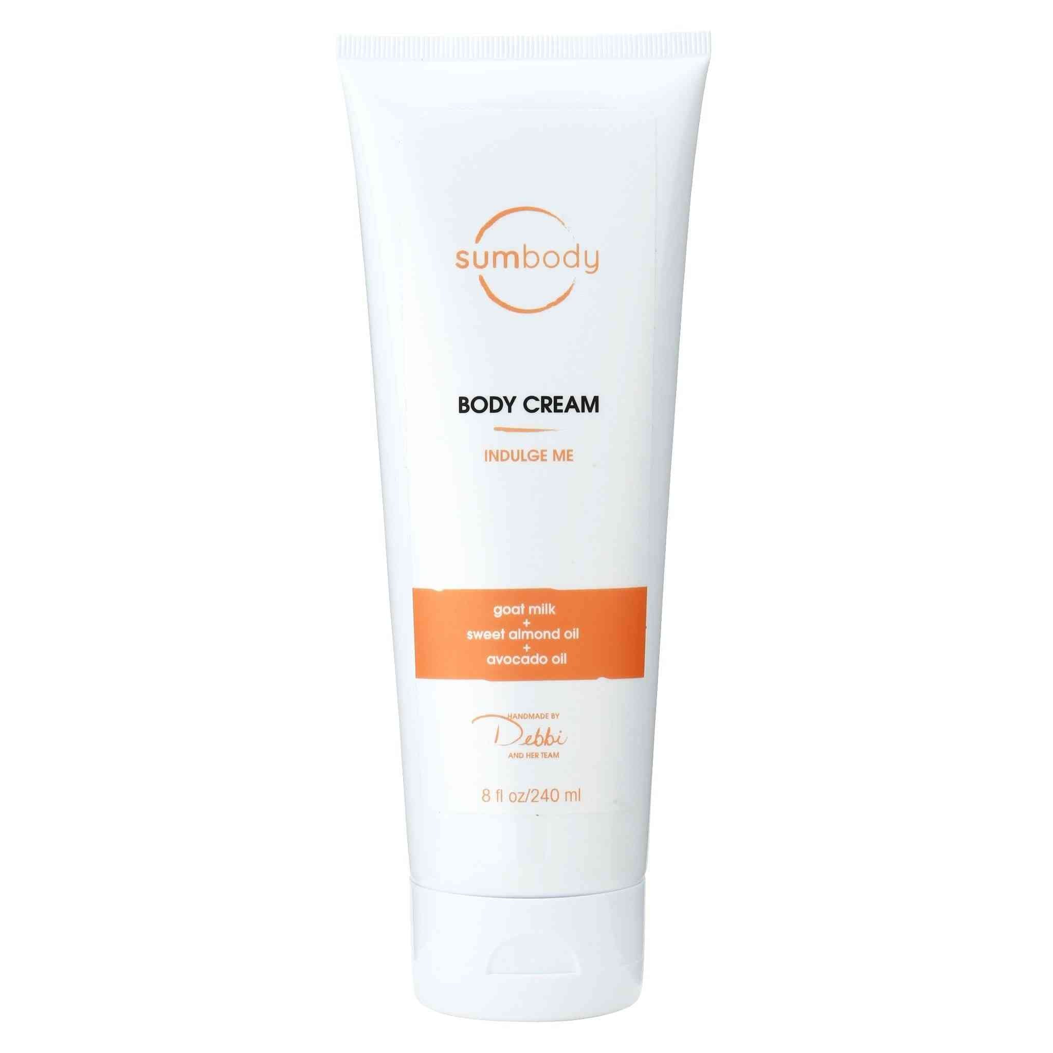 Indulge Me Goat Milk Body Cream tub with natural ingredients for deep hydration and sensitive skin care