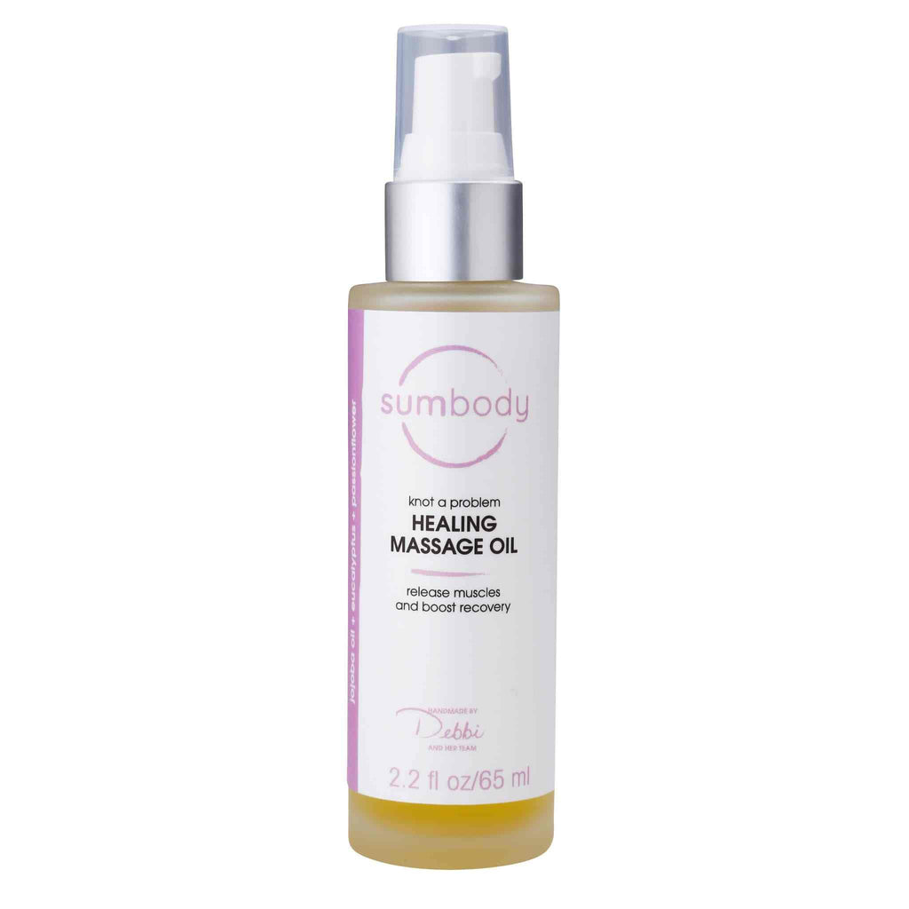 Bottle of Knot a Problem Healing Massage Oil with apricot, jojoba, eucalyptus, ginger, and passionflower oils