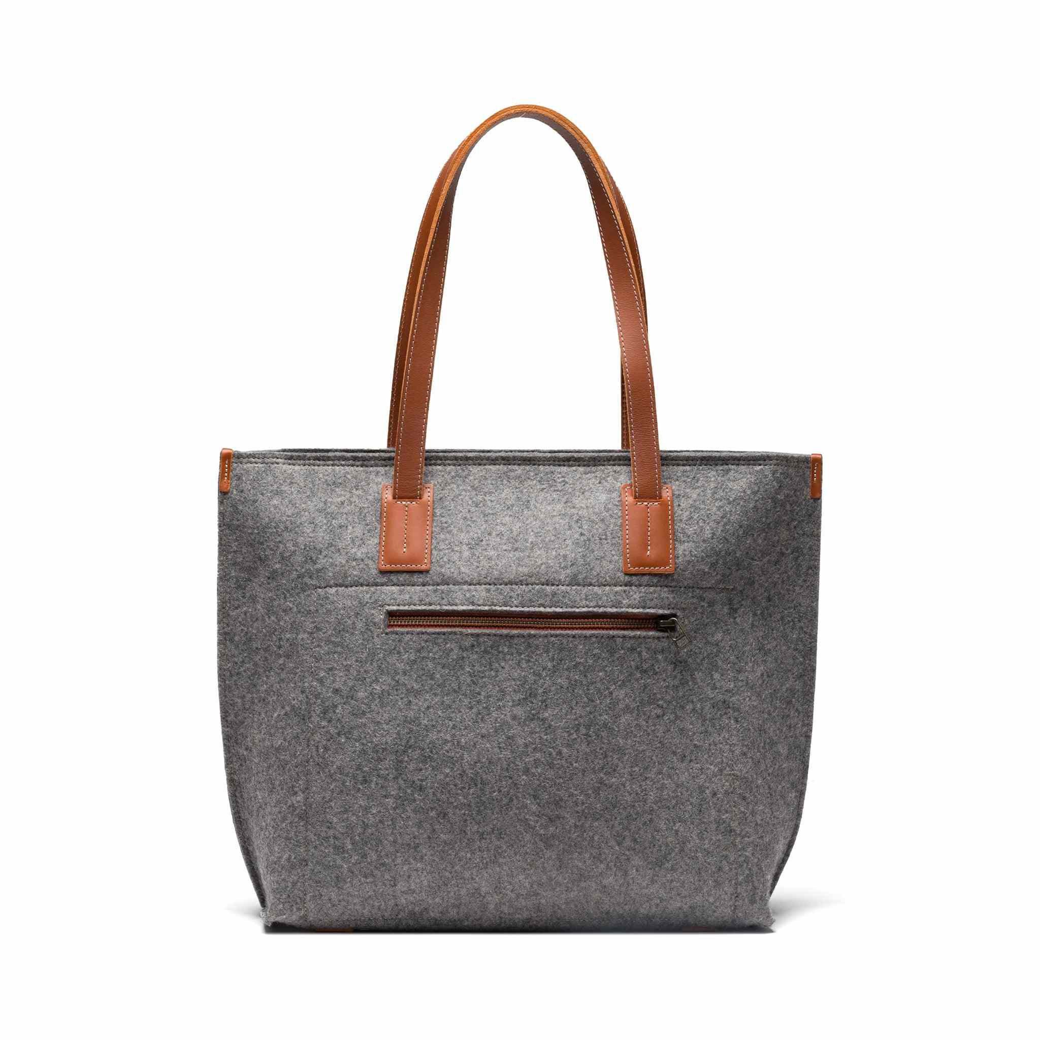 Kyrgies Handmade Wool Tote in gray felt with leather accents, spacious and sustainable travel bag