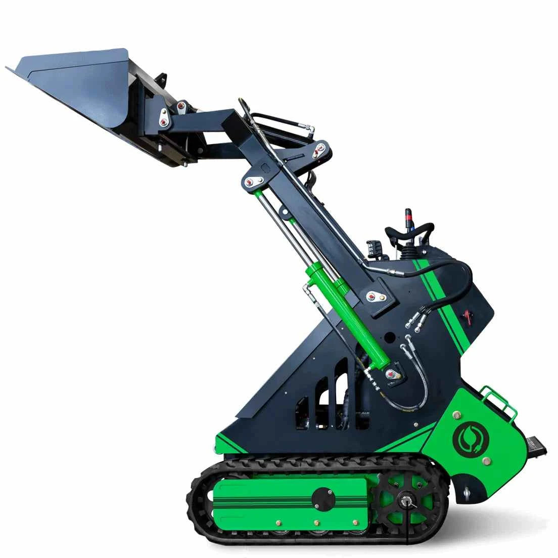 72V 16.4kWh Lithium electric mini track loader skid steer operating indoors with no fumes and solar charge option