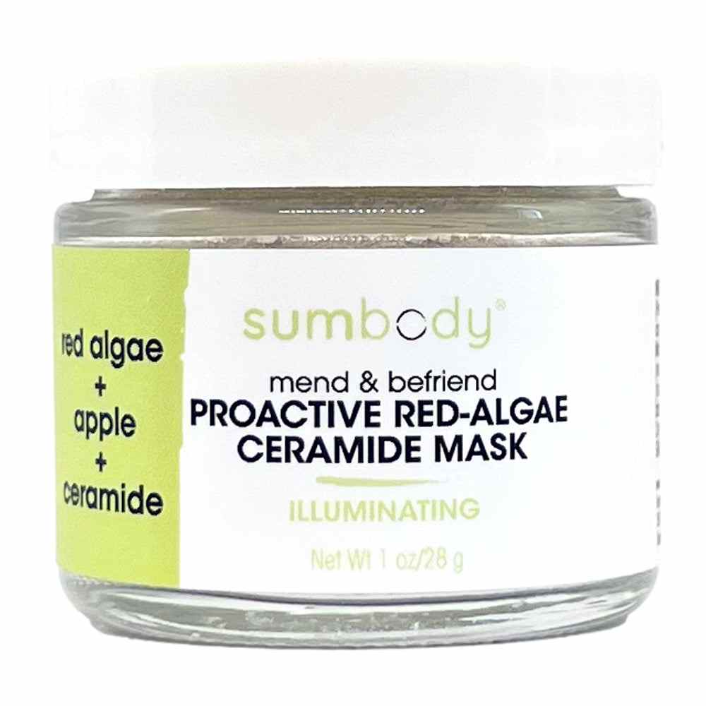 Mend & Befriend Proactive Red Algae and Ceramide hydrating face mask jar with natural red algae illustration
