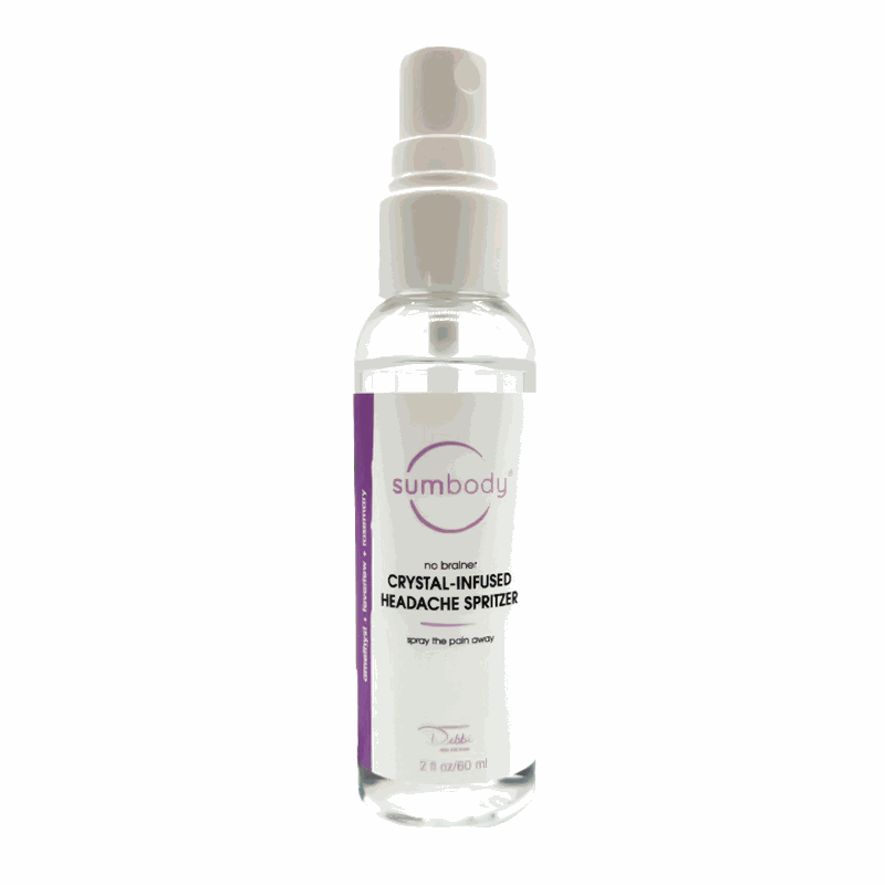 No Brainer Crystal-Infused Headache Spritzer bottle with amethyst and botanical mist for headache relief and wellness