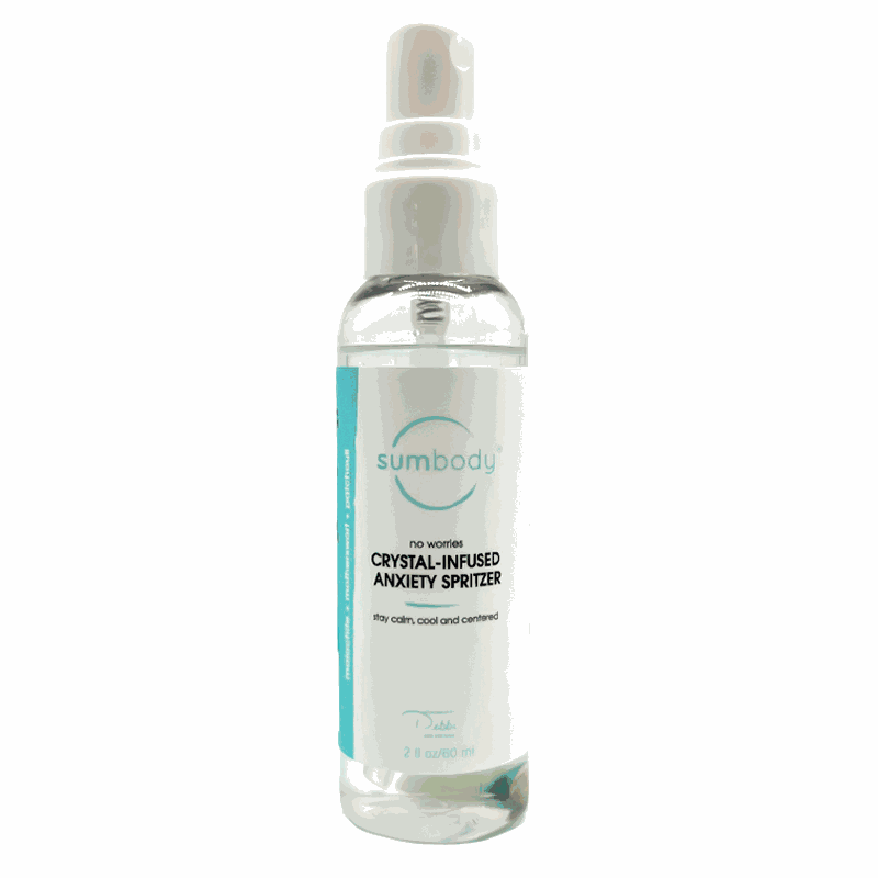 No Worries Crystal-Infused Anxiety Spritzer bottle with botanical mist and crystals for anxiety relief and harmony