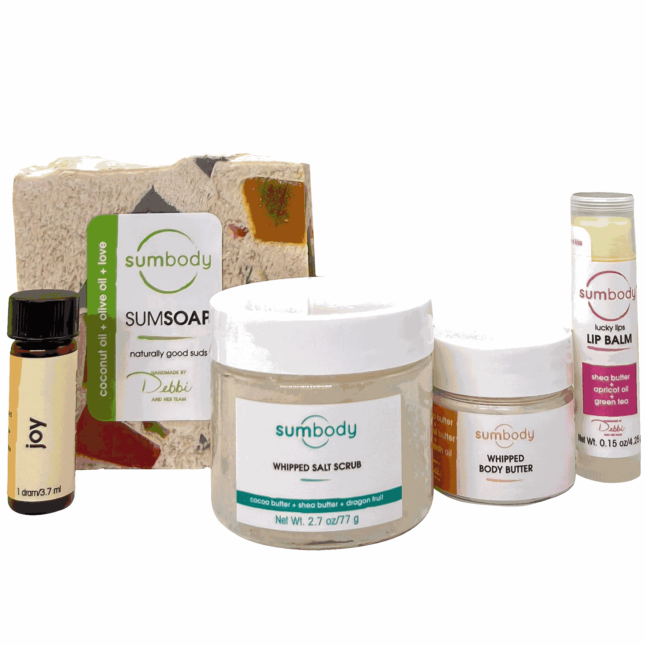 Birthday Gift Pack with lip balm, body butter, aromatherapy, soap bar, and salt scrub in a pampering set