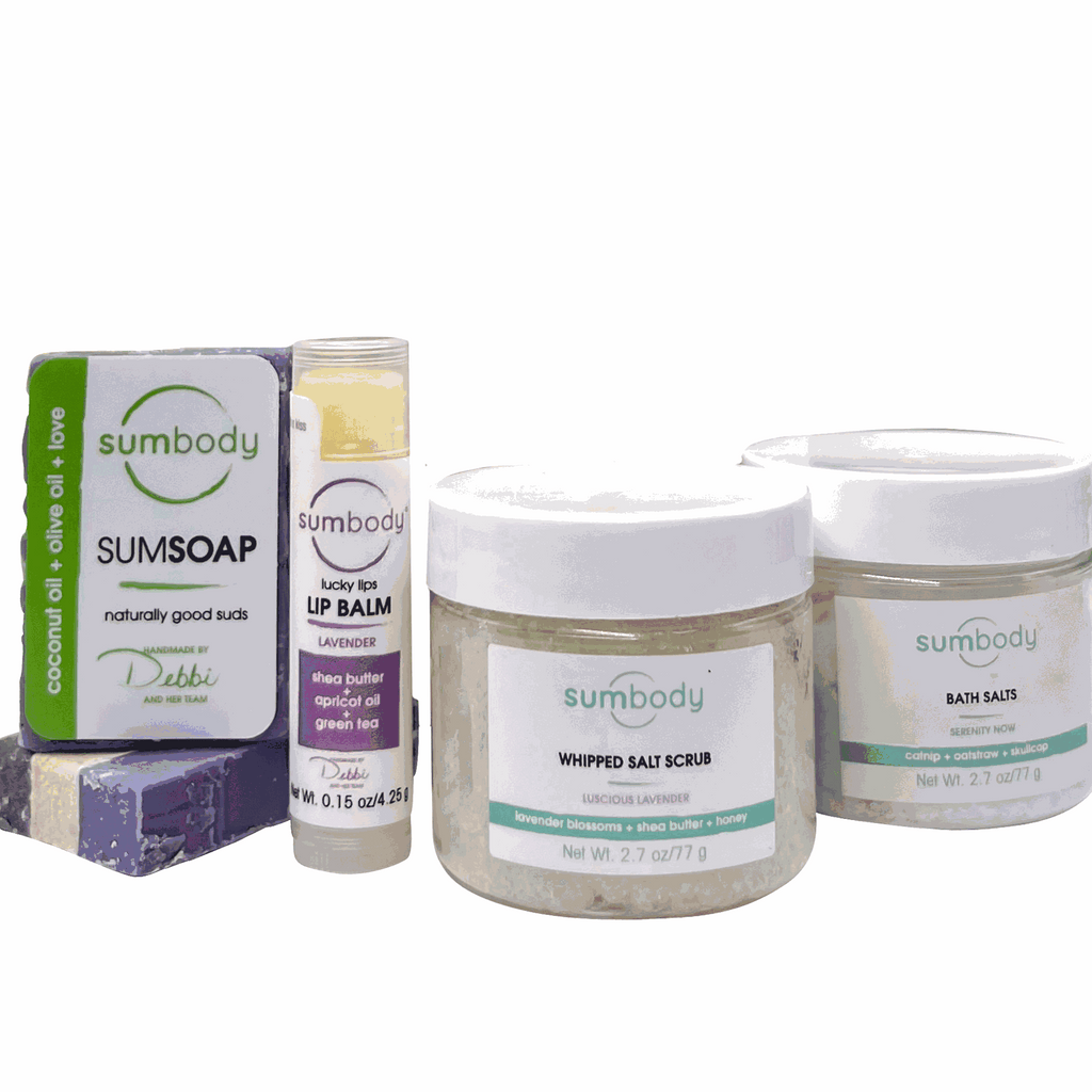 Get Sum Bath & Body Lavender Love gift set with lip balm, salt scrub, bath salts, and lavender soaps
