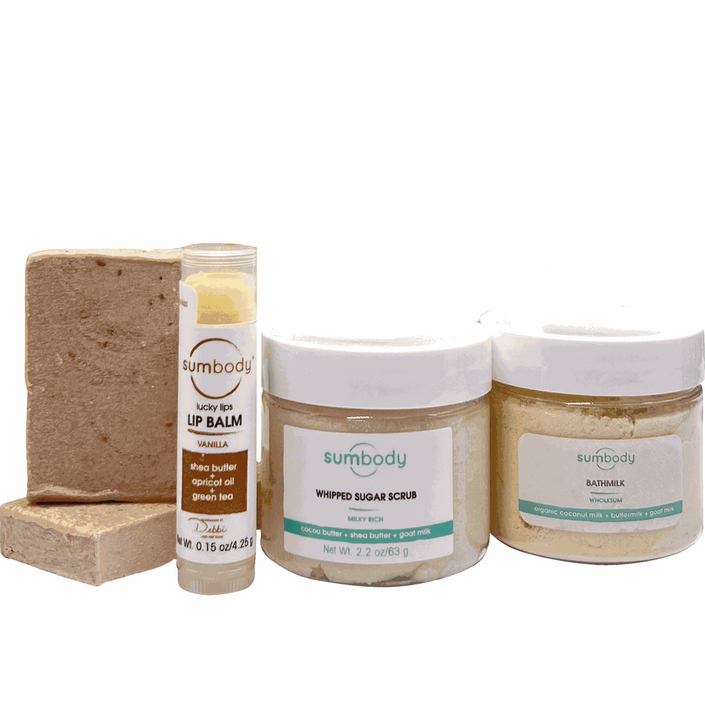 Get Sum Bath & Body Sunkissed Vanilla assortment with lip balm, salt scrub, bath milk, and vanilla soaps