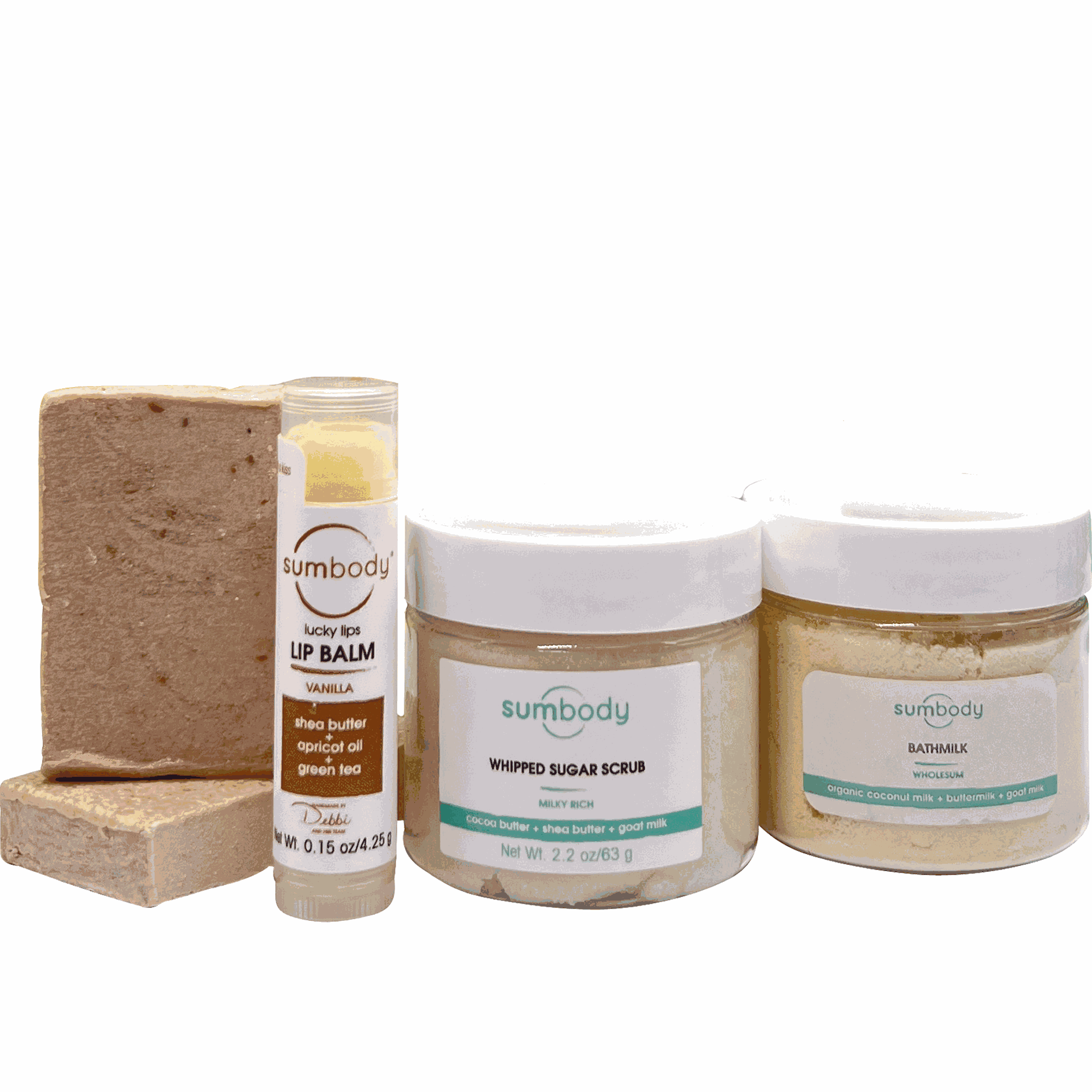 Get Sum Bath & Body Sunkissed Vanilla assortment with lip balm, salt scrub, bath milk, and vanilla soaps