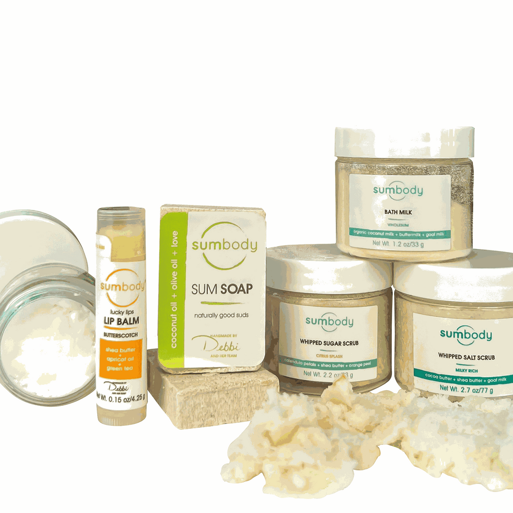 luxurious ultimate self-care set with whipped scrubs, bath milk, soaps, lotion, and lip balm