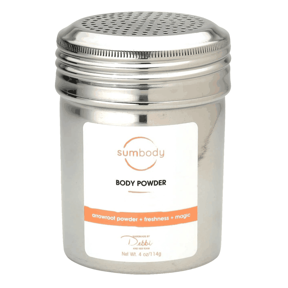 Arrowroot Body Powder in a white jar with soft texture, highlighting natural talc-free formula for sensitive skin