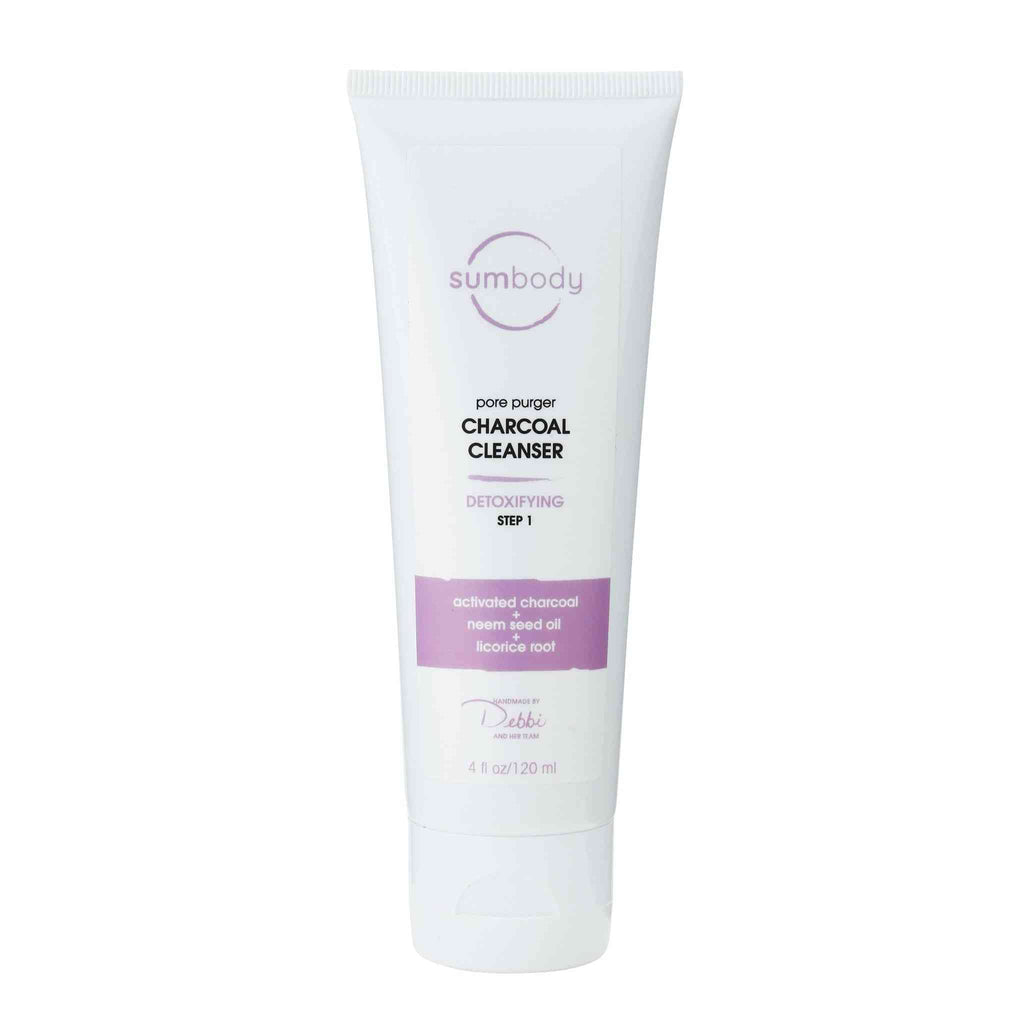 Bottle of Pore Purger Charcoal Cleanser with bamboo and coconut hull charcoals for deep pore cleansing and acne control