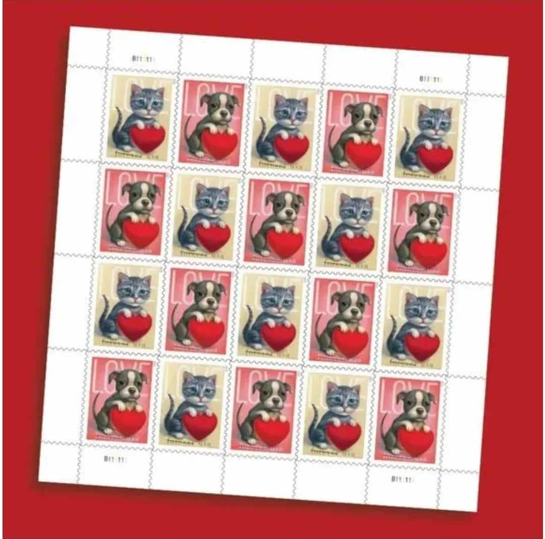 Sheet of 20 Forever 2023 Love Stamps featuring cats and dogs puppy First Class postage