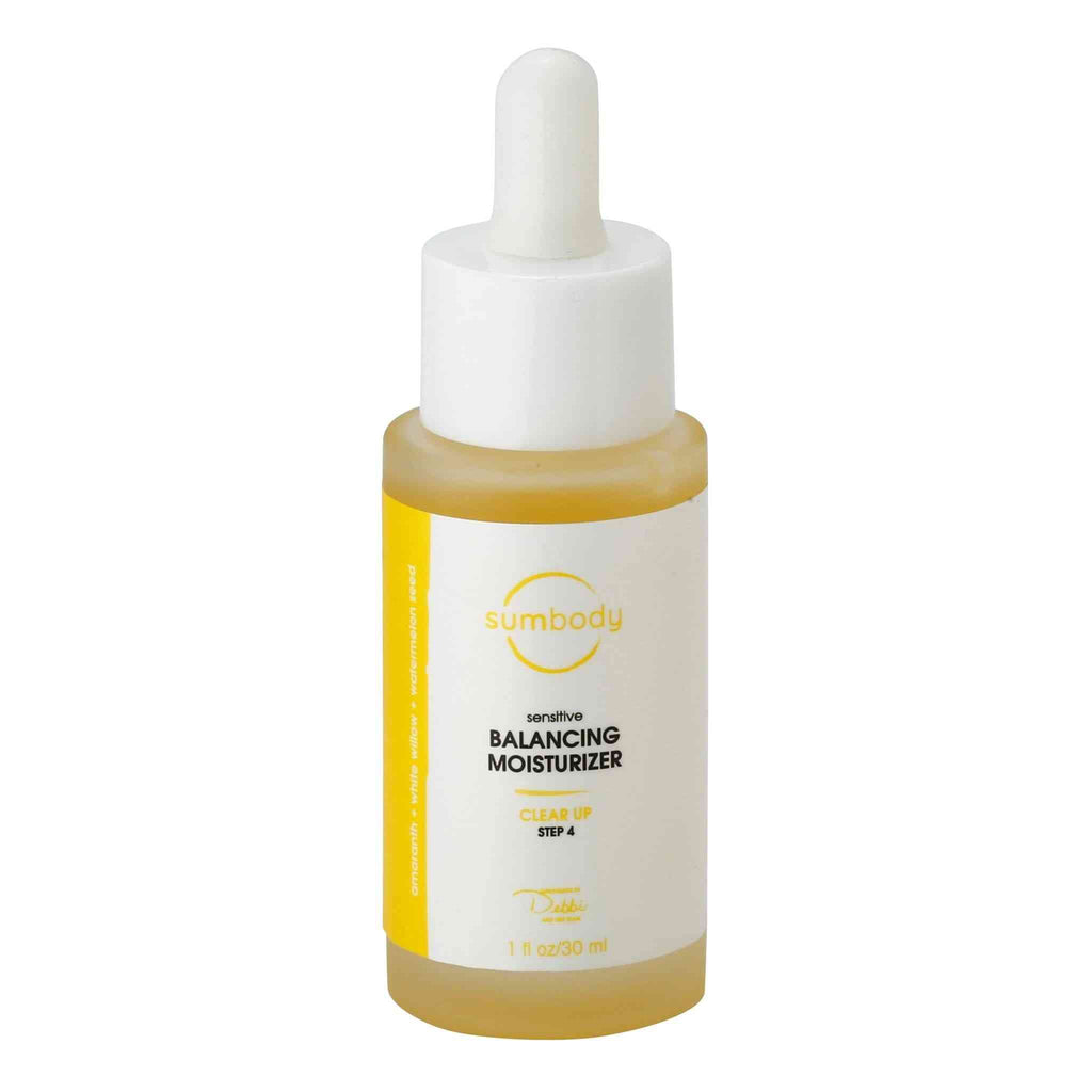 Sensitive Balancing Moisturizer bottle with vegan skincare icon promoting non-pore-clogging hydration for blemish-prone skin