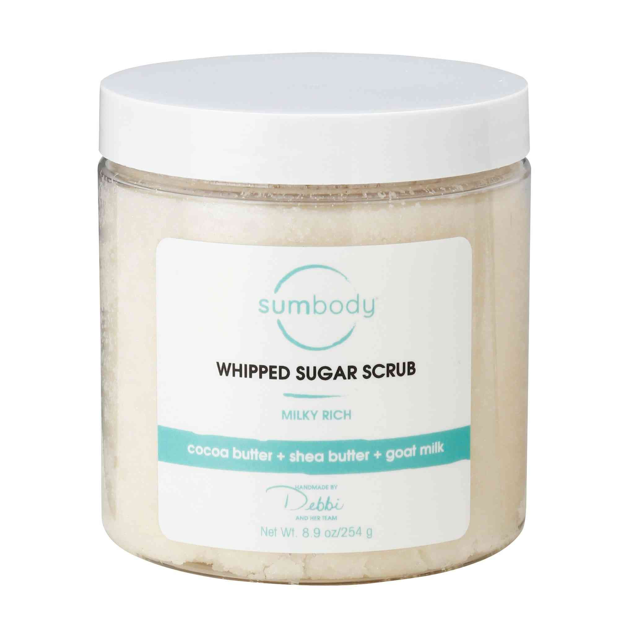 Jar of classic whipped sugar scrubs with rich butters and cane sugar for exfoliation and moisturizing skin
