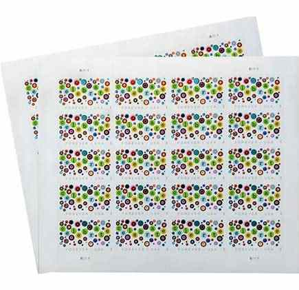 Lets Celebrate! USA Forever postage stamps with colorful circles and dark green letters on white background