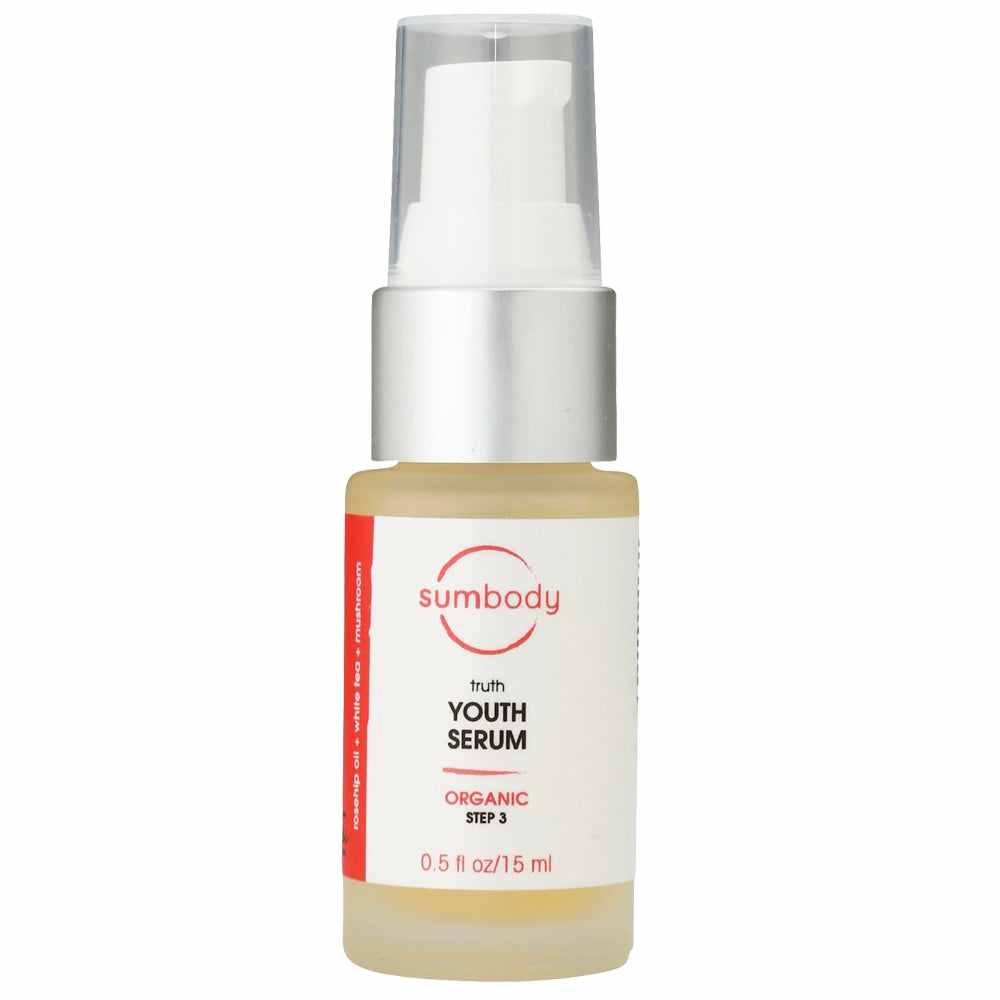 Truth Youth Organic Serum bottle with organic and vegan labels on white background