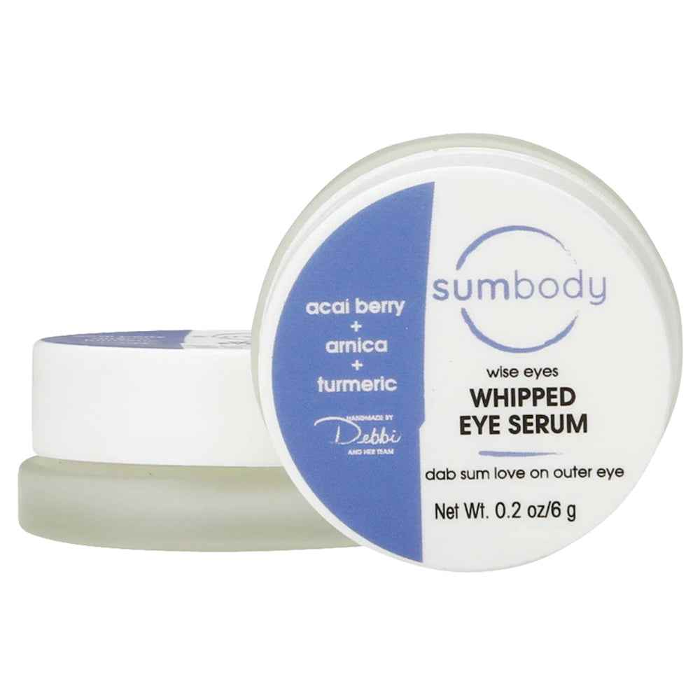 Wise Eyes Whipped Eye Serum jar with whipped texture, natural oils, and botanicals for anti-aging eye care
