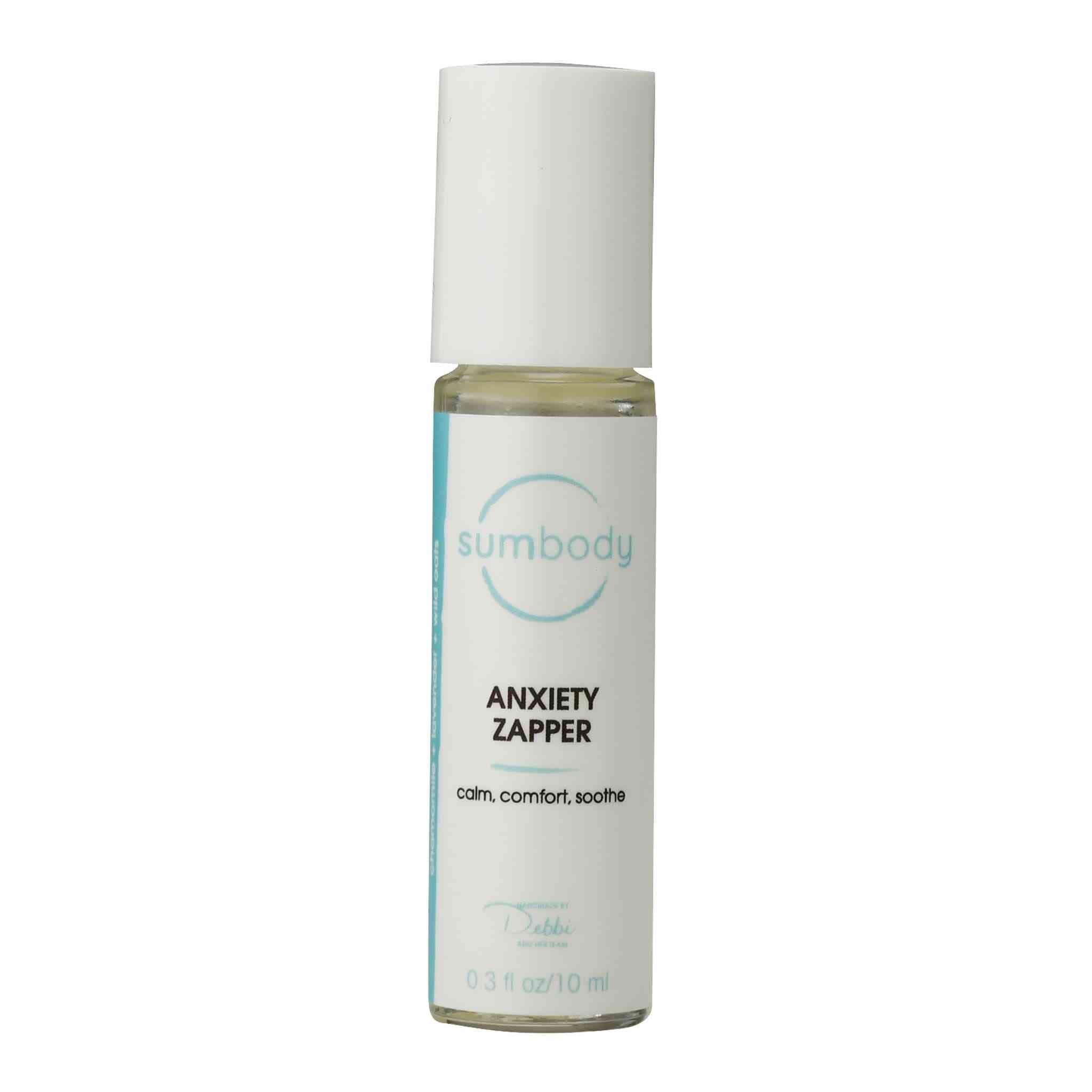 Anxiety Zapper bottle with botanical herbs and essential oils for calming relief on-the-go