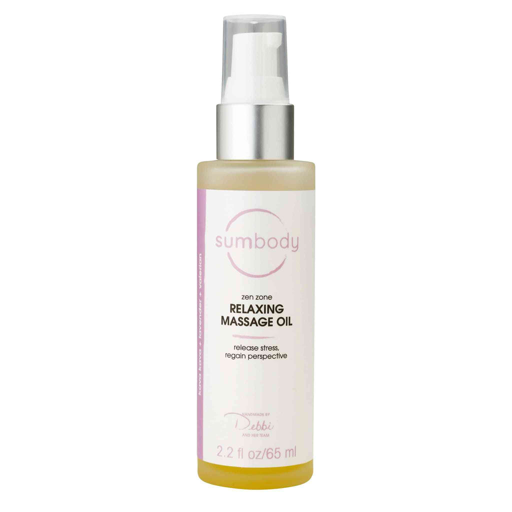 Zen Zone Relaxing Massage Oil bottle with lavender and sage ingredients for stress relief and muscle relaxation