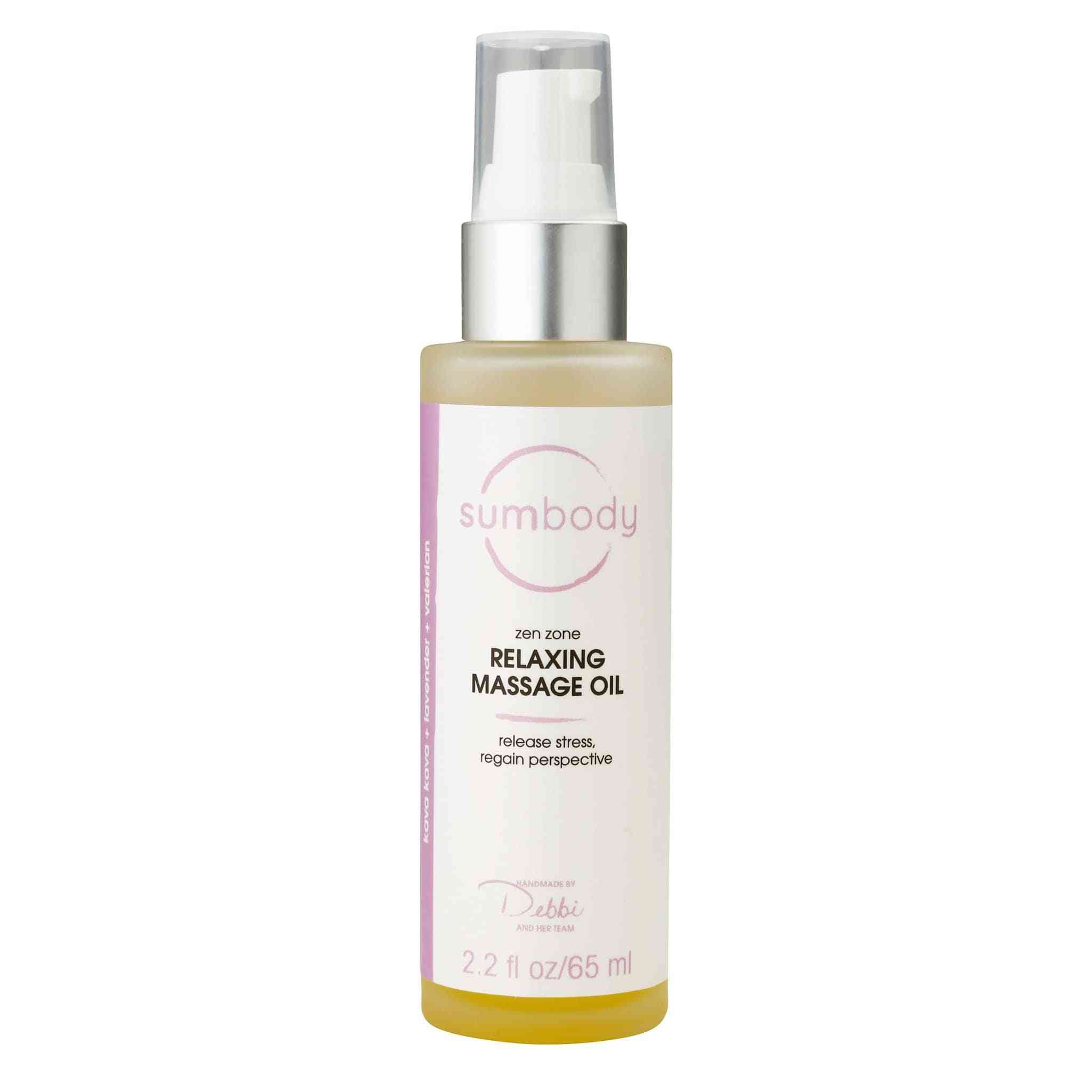 Zen Zone Relaxing Massage Oil bottle with lavender and sage ingredients for stress relief and muscle relaxation